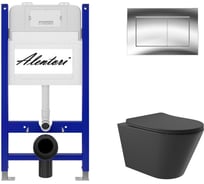 Комплект Alentori: инсталляция для унитаза SISTEMA 50 AL.SIS33T с клавишей смыва CHIAVE A, хром глянец AL.CHI012CH + унитаз 525x360 безободковый, Soft-Close, черный матовый, форма конус AL.SIS33TAL.CHI012CHC0140