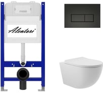 Комплект Alentori: инсталляция для унитаза SISTEMA 50 AL.SIS33T с клавишей смыва CHIAVE H, черный матовый AL.CHI203BM + унитаз 525x360 безободковый, Soft-Close, белый матовый, форма овал AL.SIS33TAL.CHI203BMO0120