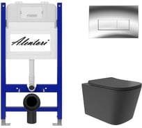 Комплект Alentori Инсталляция для унитаза SISTEMA 50 AL.SIS33T с клавишей CHIAVE H, хром глян AL.CHI202CH + Унитаз Long 525x345 безободковый, Vortex (Торнадо), Soft-Close, черный мат, квадрат AL.SIS33TAL.CHI202CHQV0240