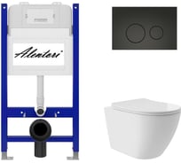 Комплект Alentori Инсталляция для унитаза SISTEMA 50 AL.SIS33T с клавишей CHIAVE L, черный мат AL.CHI103BM + Унитаз Long 520x365 безободковый, Vortex (Торнадо), Soft-Close, белый глян, овал AL.SIS33TAL.CHI103BMOV0210
