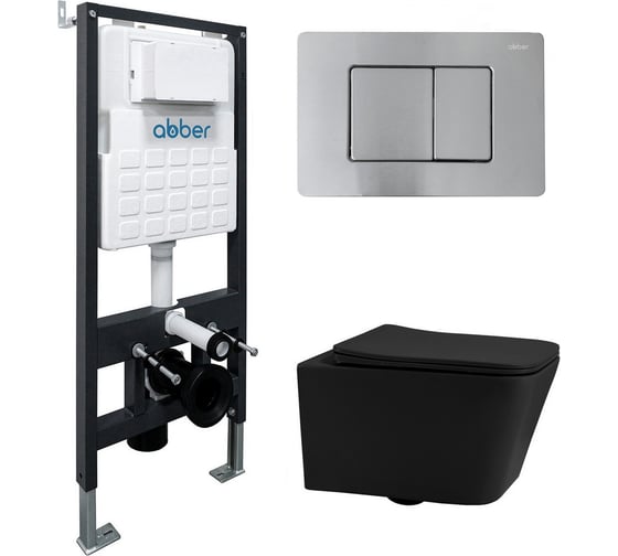 Комплект подвесной унитаз ABBER Rechteck AC1201MB черный матовый с инсталляцией AC0105 и кнопкой AC0120MCH матовый хром AC1201MB-AC0105-AC0120MCH 1