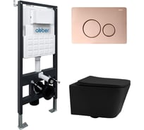Комплект подвесной унитаз ABBER Rechteck AC1201MB черный матовый с инсталляцией AC0105 и кнопкой AC0121RG золото розовое AC1201MB-AC0105-AC0121RG