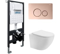 Комплект подвесной унитаз ABBER Bequem AC1100T белый с инсталляцией AC0105 и кнопкой AC0121RG золото розовое AC1100T-AC0105-AC0121RG