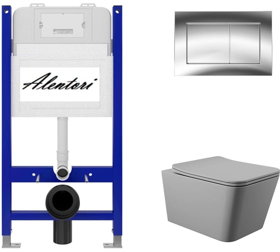 Комплект Инсталляция ALENTORI для подвесного унитаза SISTEMA 50 AL.SIS33T с клавишей смыва A, двойной смыв, хром глянец AL.CHI012CH + Унитаз подвесной 520х370 безободковый, сиденье Soft-Close, серый матовый, форма квадрат AL.SIS33TAL.CHI012CHQ0130 1