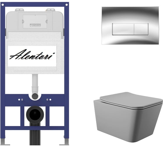 Комплект Инсталляция ALENTORI для подвесного унитаза SISTEMA 52 AL.SIS11T с клавишей смыва H, двойной смыв, хром глянец AL.CHI202CH + Унитаз подвесной 520х370 безободковый, сиденье Soft-Close, серый матовый, форма квадрат AL.SIS11TAL.CHI202CHQ0130 1