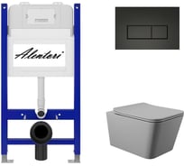 Комплект Инсталляция ALENTORI для подвесного унитаза SISTEMA 50 AL.SIS33T с клавишей смыва H, двойной смыв, черный матовый AL.CHI203BM + Унитаз подвесной 520х370 безободковый, сиденье Soft-Close, серый матовый, форма квадрат AL.SIS33TAL.CHI203BMQ0130