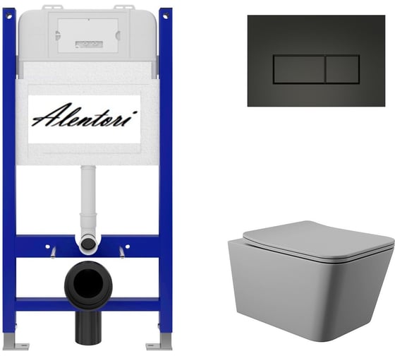 Комплект Инсталляция ALENTORI для подвесного унитаза SISTEMA 50 AL.SIS33T с клавишей смыва H, двойной смыв, черный матовый AL.CHI203BM + Унитаз подвесной 520х370 безободковый, сиденье Soft-Close, серый матовый, форма квадрат AL.SIS33TAL.CHI203BMQ0130 1
