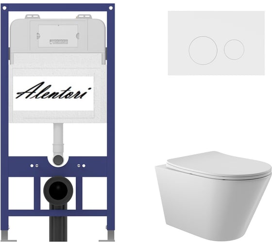 Комплект Инсталляция ALENTORI для подвесного унитаза SISTEMA 52 AL.SIS11T с клавишей смыва L, двойной смыв, белый матовый AL.CHI019WM + Унитаз подвесной 525х360 безободковый, сиденье Soft-Close, белый глянцевый, форма конус AL.SIS11TAL.CHI019WMC0110 1