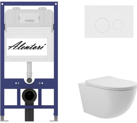 Комплект Инсталляция ALENTORI для подвесного унитаза SISTEMA 52 AL.SIS11T с клавишей смыва L, двойной смыв, белый матовый AL.CHI019WM + Унитаз подвесной 525х360 безободковый, сиденье Soft-Close, белый глянцевый, форма овал AL.SIS11TAL.CHI019WMO0110 1