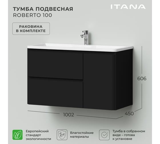 Тумба с раковиной в ванную ИТАНА Roberto 2Я 1С 100 1002x450x606 подвесная Черный софт 4657836466553