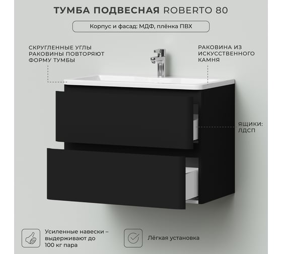 Тумба с раковиной в ванную ИТАНА Roberto 80 795x455x606 подвесная Черный софт 4657836466508