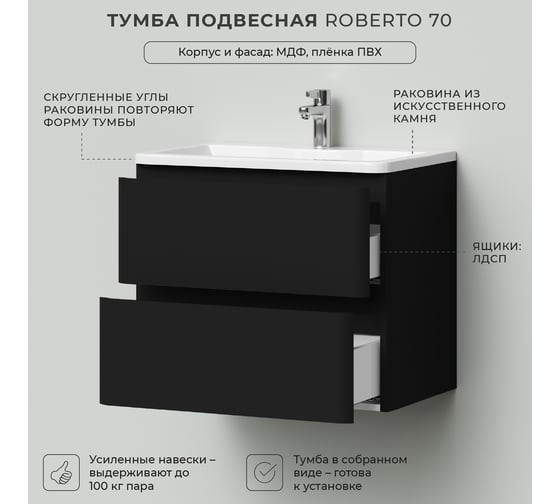 Тумба с раковиной в ванную ИТАНА Roberto 70 695x450x606 подвесная Черный софт 4657836466423