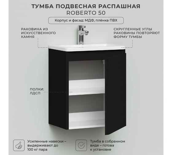 Тумба с раковиной в ванную ИТАНА подвесная распашная Roberto 50 498x350x606 Черный софт 4657836466362