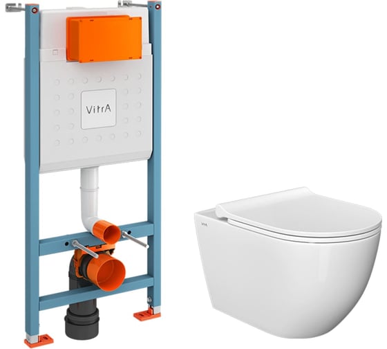 Комплект Vitra L-Box Mia Round SmoothFlush подвесной безободковый унитаз с тонким сиденьем с микролифтом, инсталляцией, без клавиши смыва 9873B003-7205