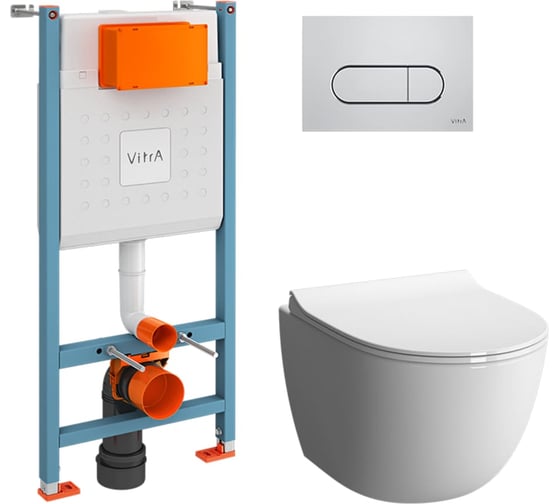 Комплект Vitra L-Box Sento Rim-Ex подвесной безободковый унитаз с тонким сиденьем с микролифтом, инсталляцией и клавишей смыва Root Round глянцевый хром 9830B003-7212