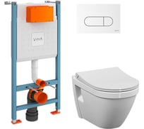 Комплект Vitra L-Box S50 Rim-Ex подвесной безободковый унитаз с тонким сиденьем с микролифтом, инсталляцией и клавишей смыва Root Round белая 9003B003-7203