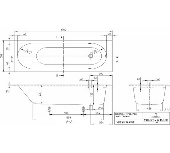 Ванна Villeroy & Boch Oberon шгв 1700x700x450 цвет-белый UBQ177OBE2V-01