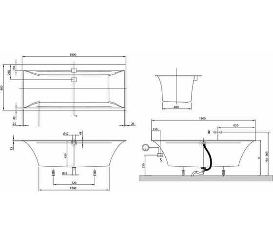 Ванна Villeroy & Boch Squaro Edge 12 шгв 1800x800x450 цвет-белый UBQ180SQE2DV-01