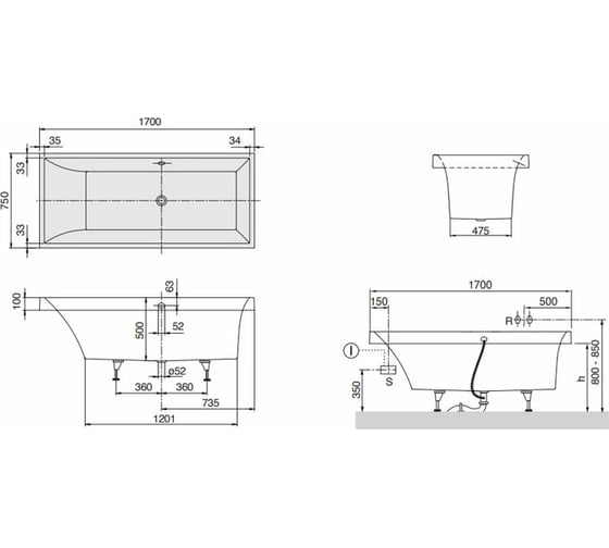 Ванна Villeroy & Boch Squaro шгв 1700x750x500 цвет-альпийский белый UBQ170SQR2V-01