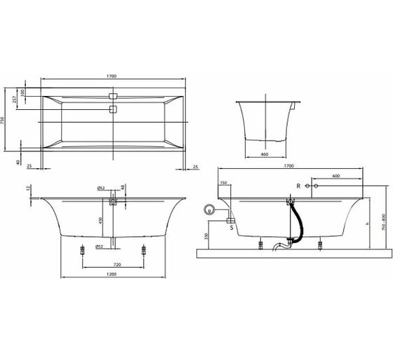 Ванна Villeroy & Boch Squaro Edge 12 Duo шгв 1700x750x450 цвет-белый UBQ170SQE2DV-01