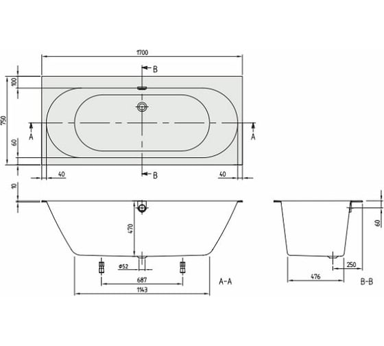 Ванна Villeroy & Boch Oberon 2.0 шгв 1700x750x470 цвет-белый UBQ170OBR2DV-01