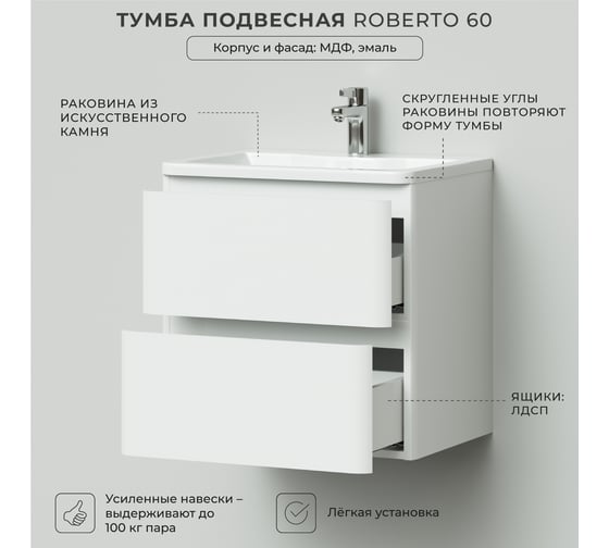 Подвесная тумба с раковиной ИТАНА Roberto 60 4627189087729