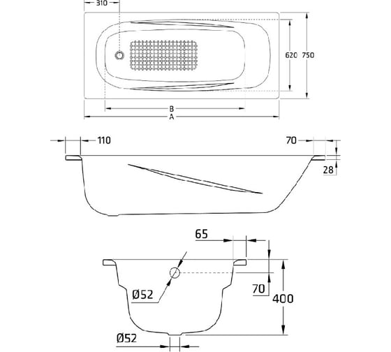 Стальная ванна BLB Universal Anatomica HG 150х75, белая, c отверстиями для ручек B55L