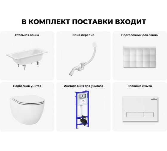 Комплект 5 в 1 Sanitana BLB Universal 3,5 стальная ванна 150x70 с инсталляцией и подвесным унитазом 20220822R
