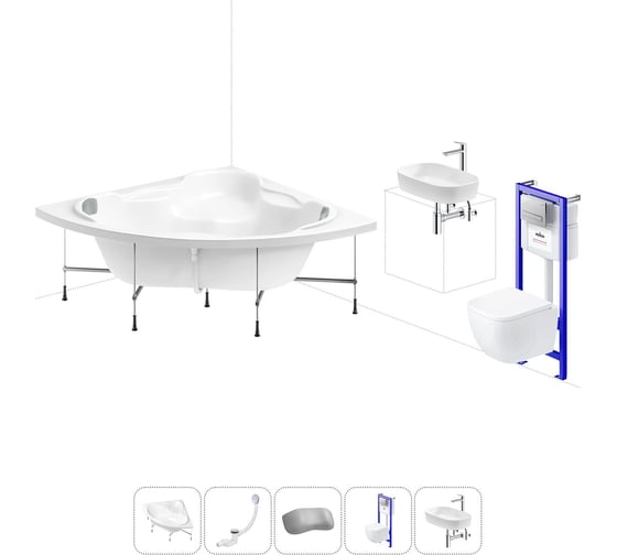 Комплект 6 в 1 Lavinia Boho Elegant акриловая ванна 140x140 с инсталляцией, подвесным унитазом 20221397R 1