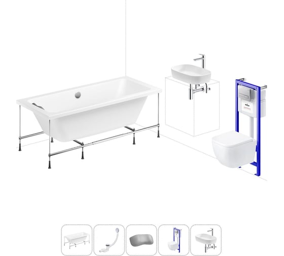 Комплект 6 в 1 Lavinia Boho Pure акриловая ванна 180x80 с инсталляцией, подвесным унитазом 20221309R 1