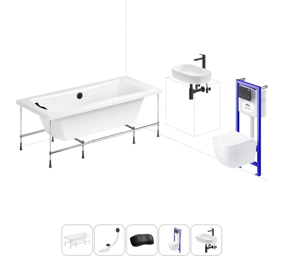 Комплект 6 в 1 Lavinia Boho Evan акриловая ванна 180x80 с инсталляцией, подвесным унитазом 20221295R 1