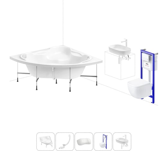 Комплект 6 в 1 Lavinia Boho Elegant акриловая ванна 150x150 с инсталляцией, подвесным унитазом 20221402R 1