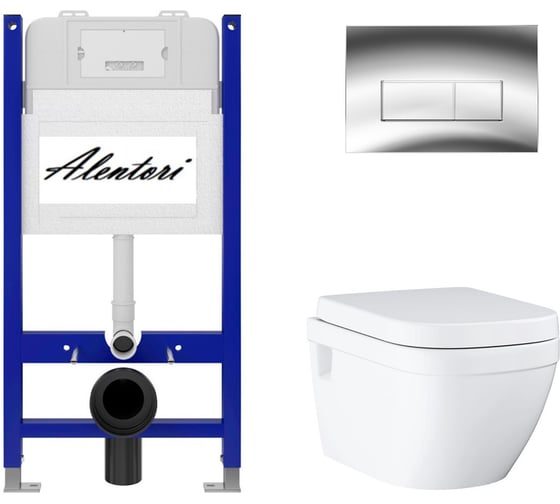 Комплект Инсталляция для подвесного унитаза SISTEMA 50 AL.SIS33T с клавишей смыва H, двойной смыв, хром глянец AL.CHI202CH + Унитаз GROHE Euro Ceramic подвесной с сиденьем с микролифтом, альпин-белый (39703000) ALENTORI AL.SIS33TAL.CHI202CH39703000 1
