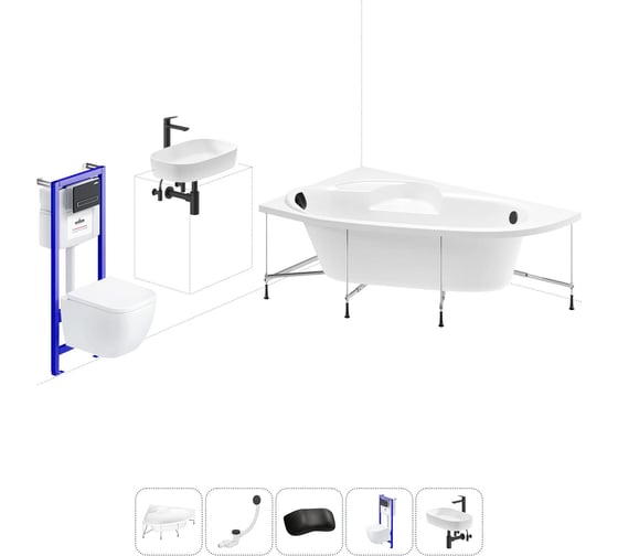 Комплект 6 в 1 Lavinia Boho Bell Pro акриловая ванна 150x100 с инсталляцией, подвесным унитазом 20221367R