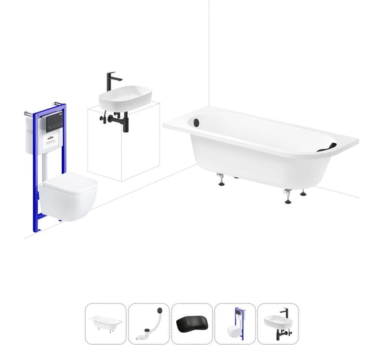 Комплект 6 в 1 Lavinia Boho Art II акриловая ванна 170x72,5 с инсталляцией, подвесным унитазом 20221263R 1