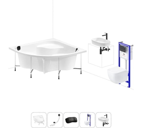 Комплект 6 в 1 Lavinia Boho Aveo акриловая ванна 140x140 с инсталляцией, подвесным унитазом 20221391R 1