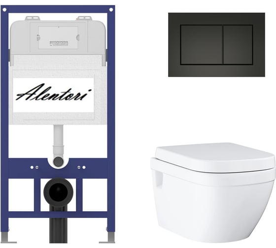 Комплект Alentori инсталляция для подвесного унитаза SISTEMA 52 AL.SIS11T с клавишей смыва A, двойной смыв, черный матовый AL.CHI013BM + Унитаз GROHE Euro Ceramic подвесной с сиденьем с микролифтом, альпин-белый (39703000) AL.SIS11TAL.CHI013BM39703000 1