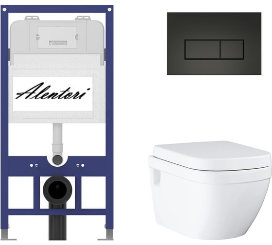 Комплект Alentori инсталляция для подвесного унитаза SISTEMA 52 AL.SIS11T с клавишей смыва H, двойной смыв, черный матовый AL.CHI203BM + Унитаз GROHE Euro Ceramic подвесной с сиденьем с микролифтом, альпин-белый (39703000) AL.SIS11TAL.CHI203BM39703000 1