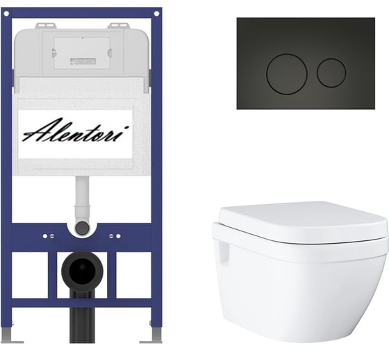 Комплект Alentori инсталляция для подвесного унитаза SISTEMA 52 AL.SIS11T с клавишей смыва L, двойной смыв, черный матовый AL.CHI103BM + Унитаз GROHE Euro Ceramic подвесной с сиденьем с микролифтом, альпин-белый (39703000) AL.SIS11TAL.CHI103BM39703000 1
