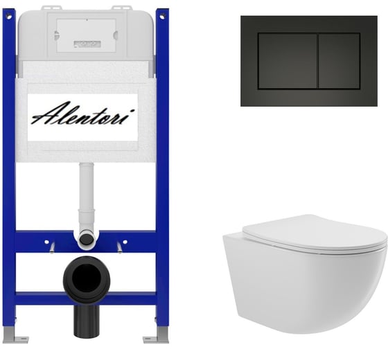 Комплект Инсталляция ALENTORI для подвесного унитаза SISTEMA 50 AL.SIS33T с клавишей смыва A, двойной смыв, черный матовый AL.CHI013BM + Унитаз подвесной 525х360 безободковый, сиденье Soft-Close, белый глянцевый, форма овал AL.SIS33TAL.CHI013BMO0110 1