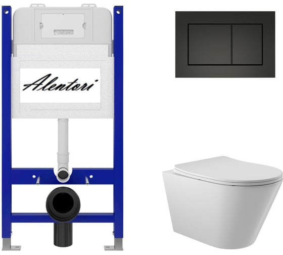 Комплект Инсталляция ALENTORI для подвесного унитаза SISTEMA 50 AL.SIS33T с клавишей смыва A, двойной смыв, черный матовый AL.CHI013BM + Унитаз подвесной 525х360 безободковый, сиденье Soft-Close, белый глянцевый, форма конус AL.SIS33TAL.CHI013BMC0110 1