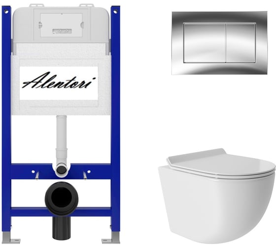 Комплект Инсталляция ALENTORI для подвесного унитаза SISTEMA 50 AL.SIS33T с клавишей смыва A, двойной смыв, хром глянец AL.CHI012CH + Унитаз подвесной 480х360 безободковый, Vortex, сиденье Soft-Close, белый глянцевый, форма овал AL.SIS33TAL.CHI012CHOV0110 1
