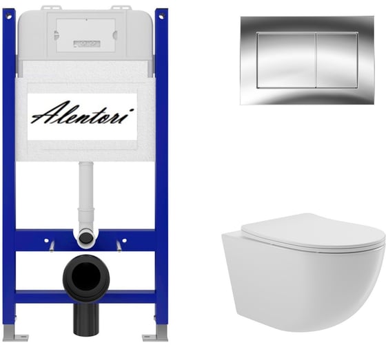 Комплект Инсталляция ALENTORI для подвесного унитаза SISTEMA 50 AL.SIS33T с клавишей смыва A, двойной смыв, хром глянец AL.CHI012CH + Унитаз подвесной 525х360 безободковый, сиденье Soft-Close, белый глянцевый, форма овал AL.SIS33TAL.CHI012CHO0110 1