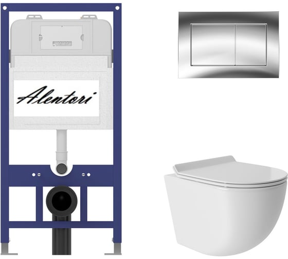 Комплект Инсталляция ALENTORI для подвесного унитаза SISTEMA 52 AL.SIS11T с клавишей смыва A, двойной смыв, хром глянец AL.CHI012CH + Унитаз подвесной 480х360 безободковый, Vortex, сиденье Soft-Close, белый глянцевый, форма овал AL.SIS11TAL.CHI012CHOV0110 1