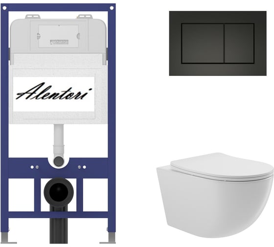 Комплект Инсталляция ALENTORI для подвесного унитаза SISTEMA 52 AL.SIS11T с клавишей смыва A, двойной смыв, черный матовый AL.CHI013BM + Унитаз подвесной 525х360 безободковый, сиденье Soft-Close, белый глянцевый, форма овал AL.SIS11TAL.CHI013BMO0110 1