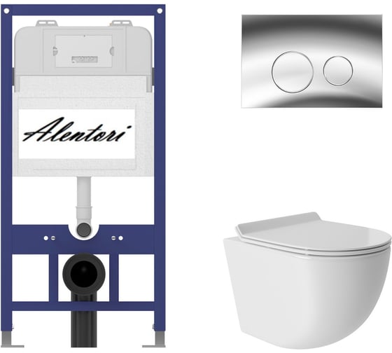 Комплект Инсталляция ALENTORI для подвесного унитаза SISTEMA 52 AL.SIS11T с клавишей смыва L, двойной смыв, хром глянец AL.CHI102CH + Унитаз подвесной 480х360 безободковый, Vortex, сиденье Soft-Close, белый глянцевый, форма овал AL.SIS11TAL.CHI102CHOV0110 1