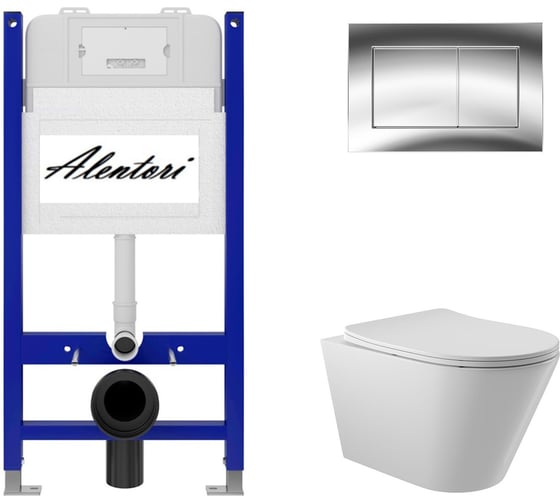 Комплект Инсталляция ALENTORI для подвесного унитаза SISTEMA 50 AL.SIS33T с клавишей смыва A, двойной смыв, хром глянец AL.CHI012CH + Унитаз подвесной 525х360 безободковый, сиденье Soft-Close, белый глянцевый, форма конус AL.SIS33TAL.CHI012CHC0110 1
