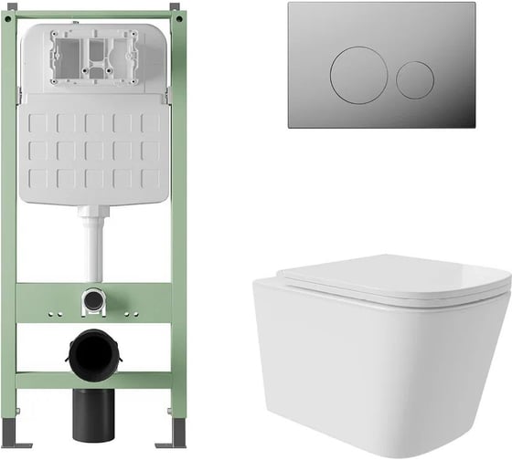 Комплект Alentori Инсталляция SITEMA, Панель смыва с круглыми кнопками, хром + Унитаз подвесной Long 525x345 безободковый, Vortex, сиденье Soft-Close, белый глянцевый, форма квадрат ALS.SIS1101.CRQV0210 1