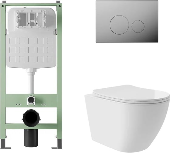 Комплект Alentori Инсталляция SITEMA, Панель смыва с круглыми кнопками, хром + Унитаз подвесной Long 520x365 безободковый, Vortex, сиденье Soft-Close, белый глянцевый, форма овал ALS.SIS1101.CROV0210 1