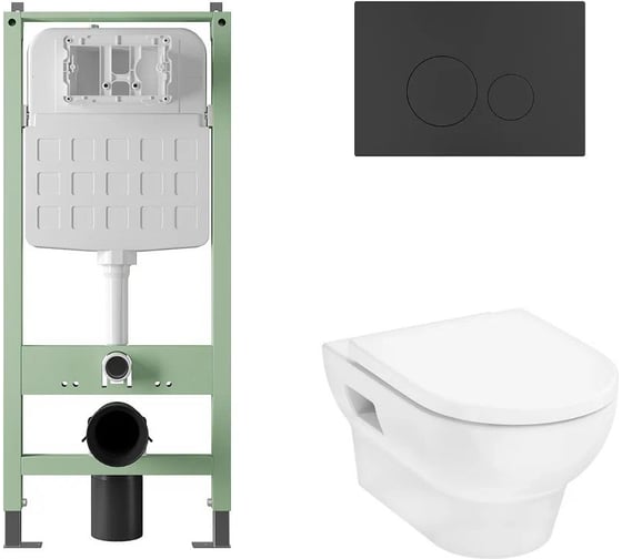 Комплект Alentori Инсталляция SITEMA, Панель смыва с круглыми кнопками, черный матовый + GladeLake S Унитаз подвесной 540x360, сиденье с микролифтом, безободковый, белый ALS.SIS1101.MBHGSET002 1
